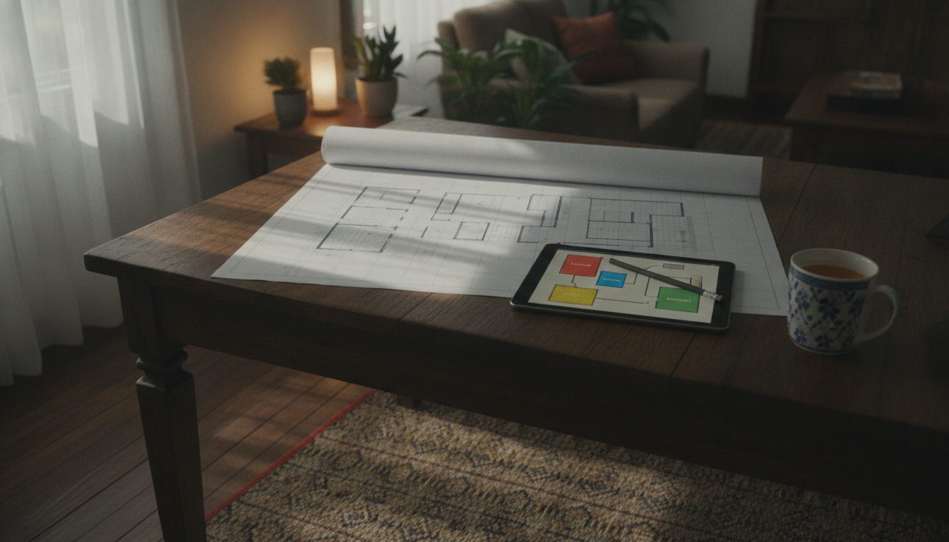 Floor plan and room-zoning sketch on a dining table during smart home design