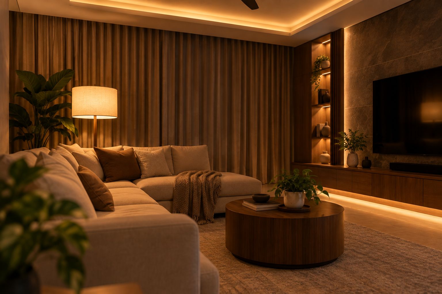 Quiet living room late at night with soft cove light and a floor lamp