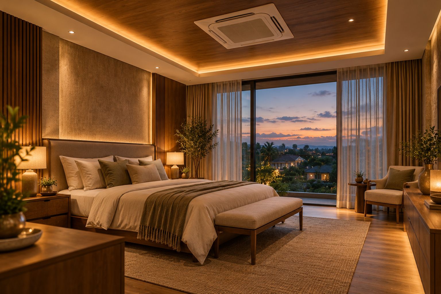 Master bedroom at dusk with a ceiling cassette air-conditioner in a timber ceiling