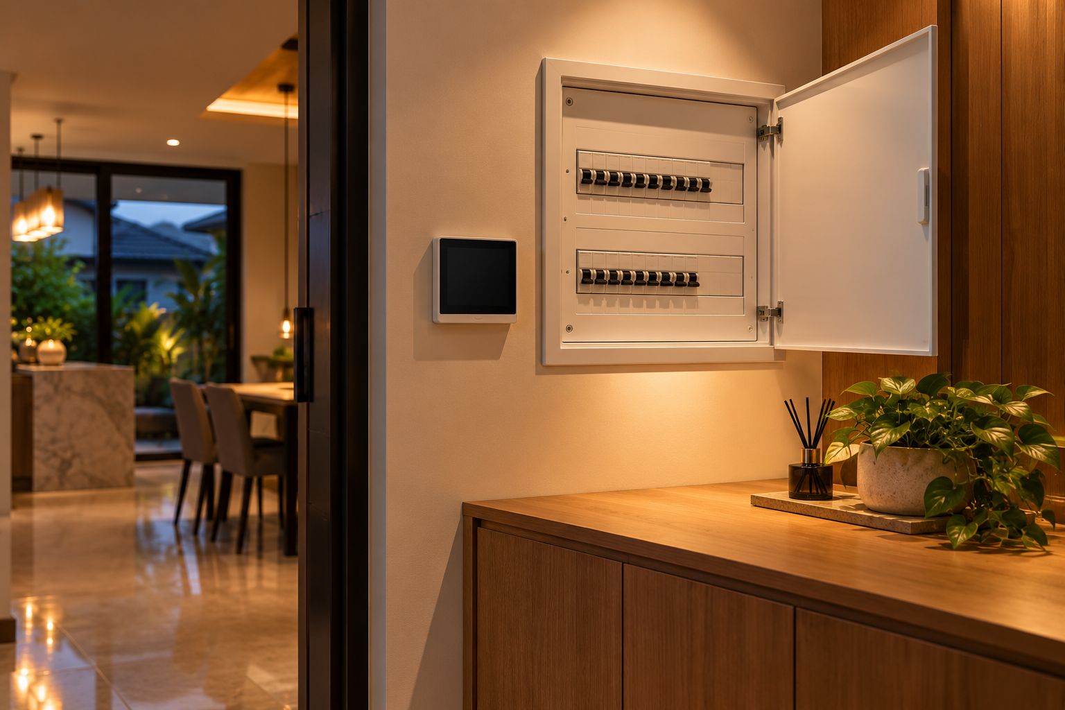 Tidy utility corner with an electrical distribution board and a wall energy monitor