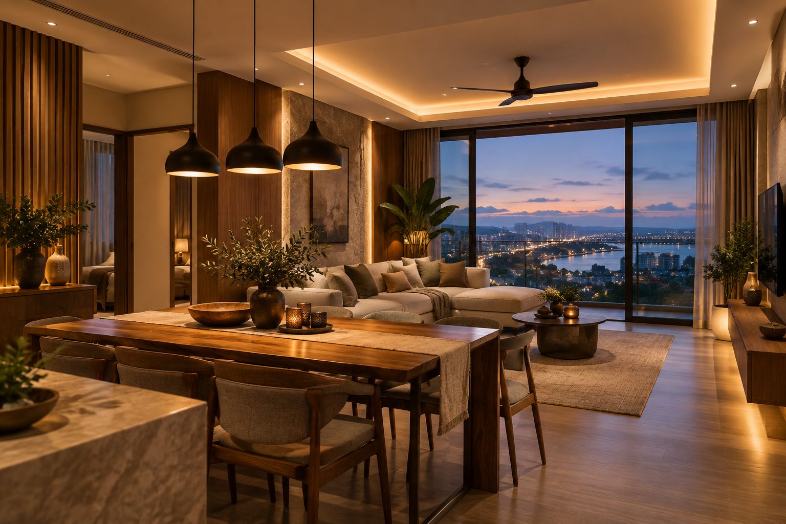Open-plan living and dining room at dusk with warm cove lighting and pendant lights
