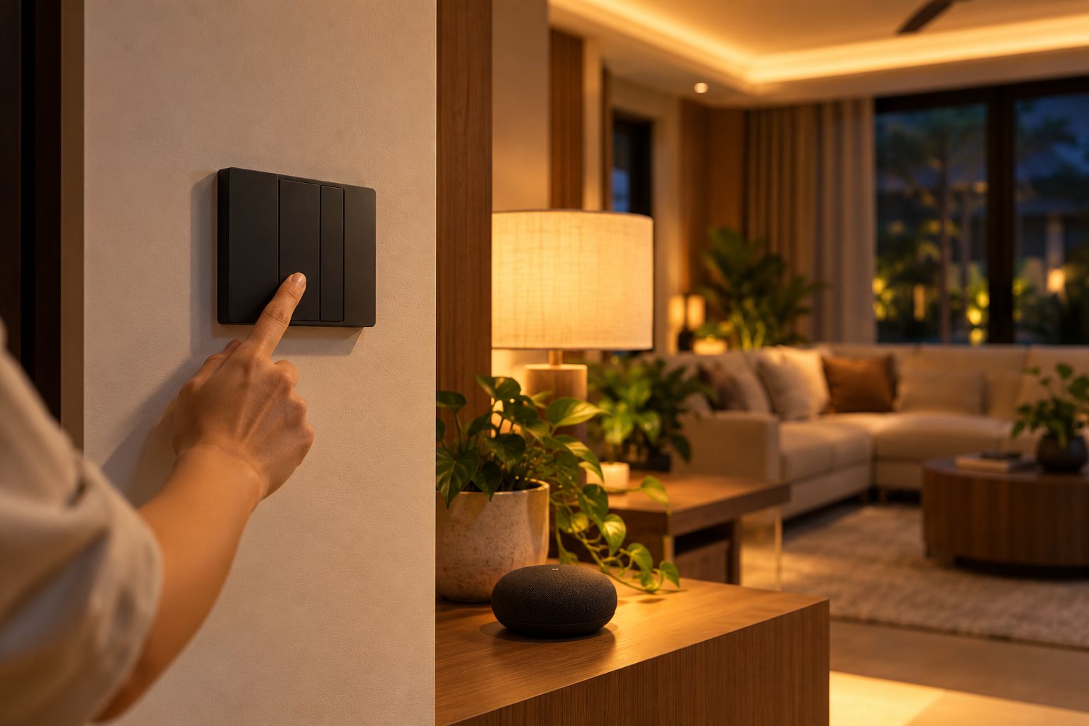 Hand pressing a wall switch panel with a smart speaker on a side table behind