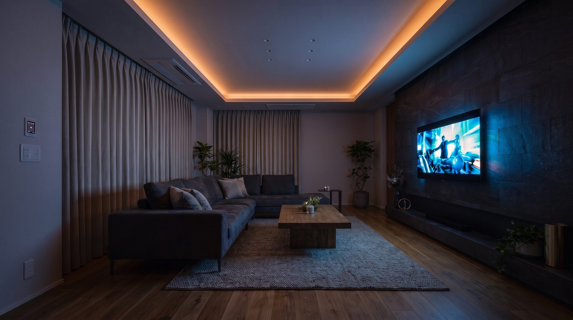 Living room in cinema mode with lights dimmed