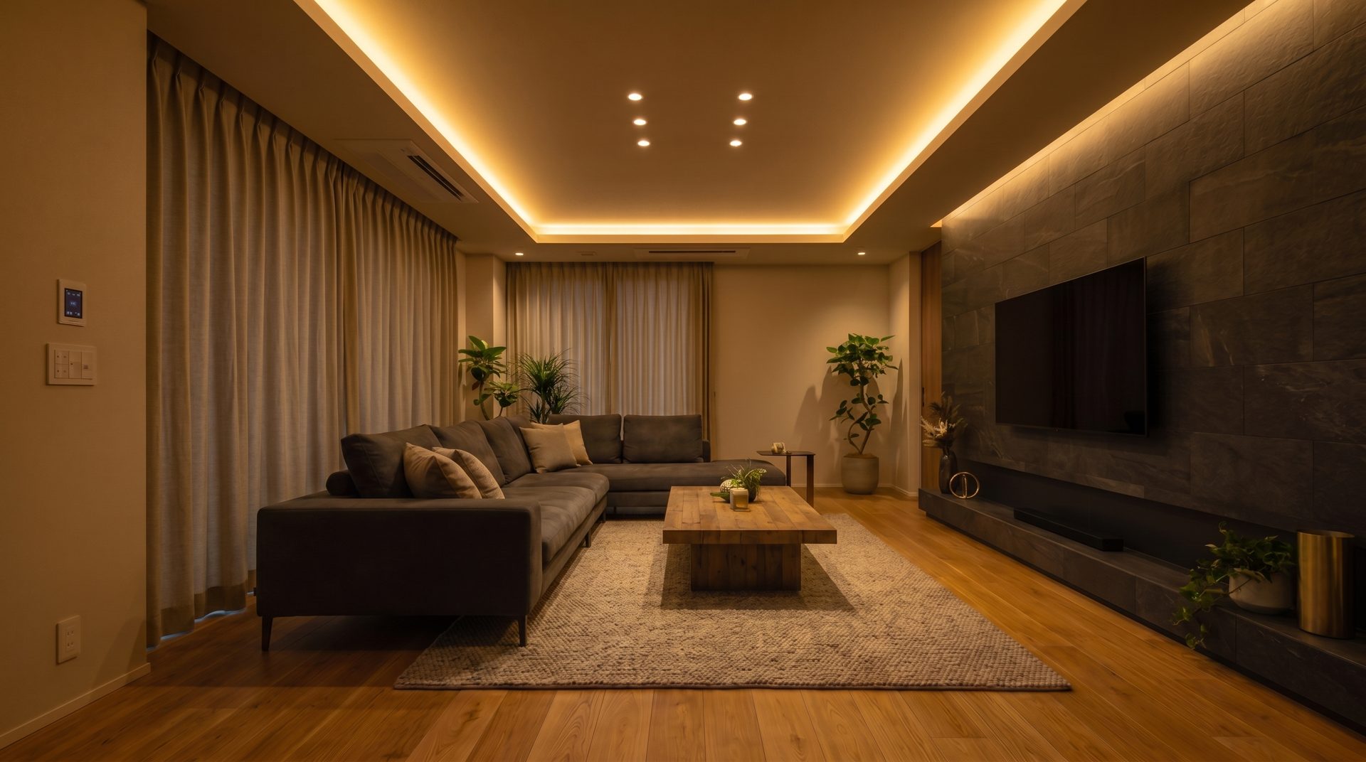 Living room with curtains drawn for the afternoon heat