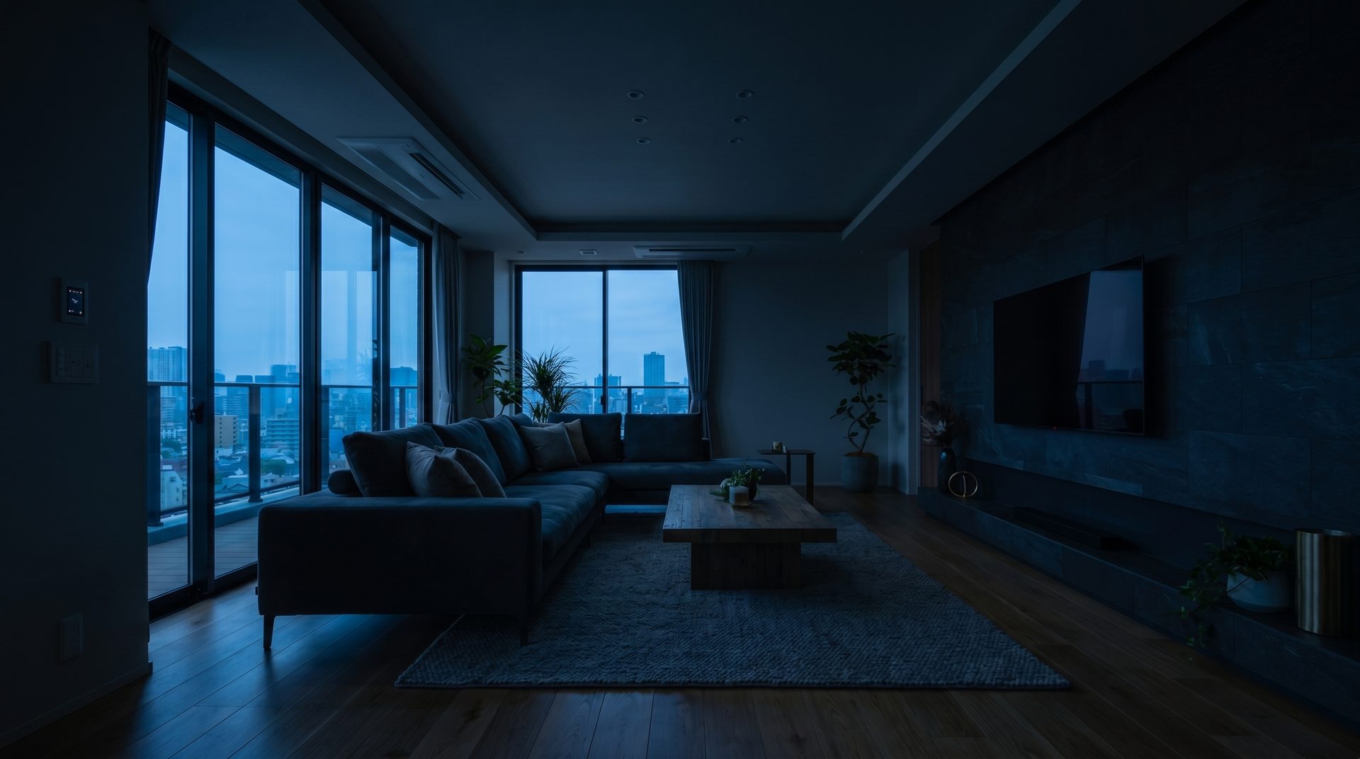 Living room at night with the system armed