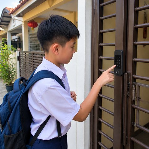A schoolboy opening the gate lock with a code
