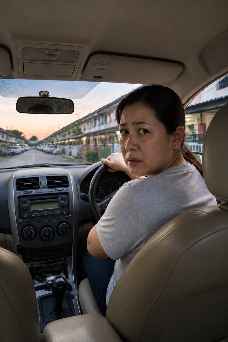 A worried woman in her car, wondering whether she locked the front door