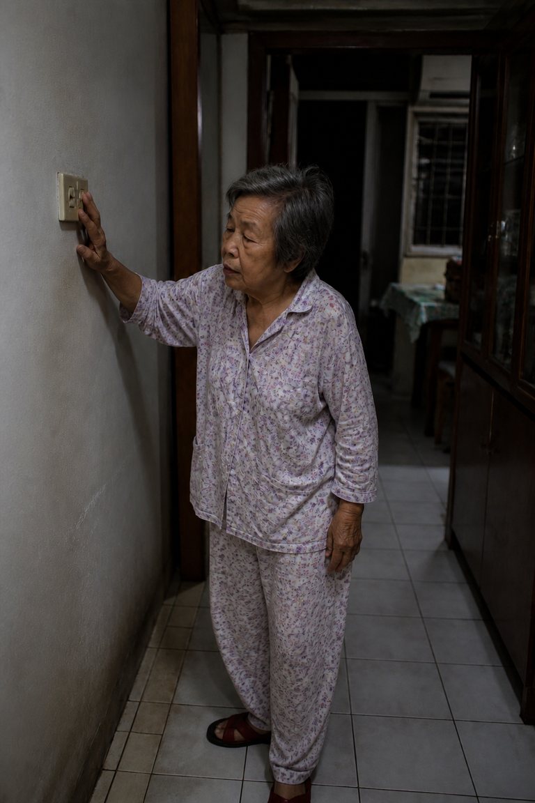 An elderly grandmother feeling along the wall for the light switch at night