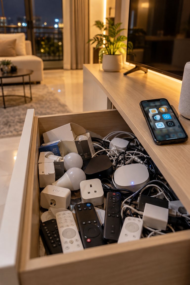 A drawer stuffed with smart plugs, bulbs and remotes nobody uses