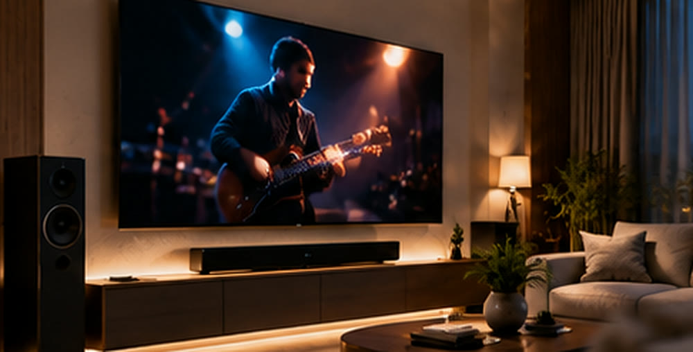 Living room TV wall with floor speakers and dimmed lights