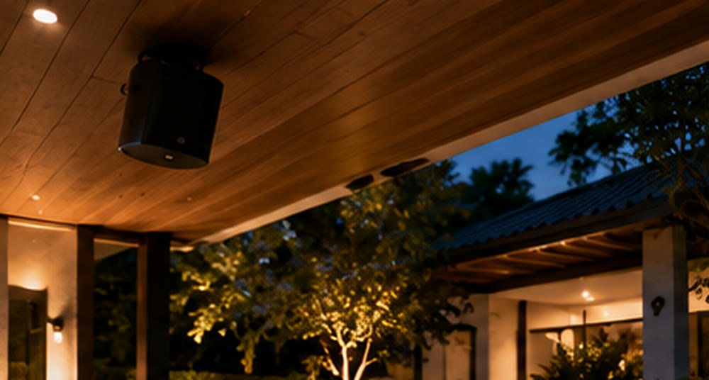 Speaker mounted under a patio roof at dusk