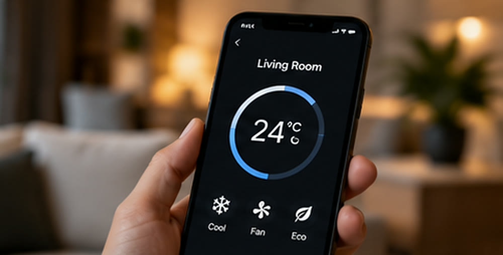 Hand holding a phone showing the living room temperature