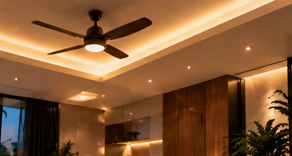 Ceiling fan and cove lights in a living room