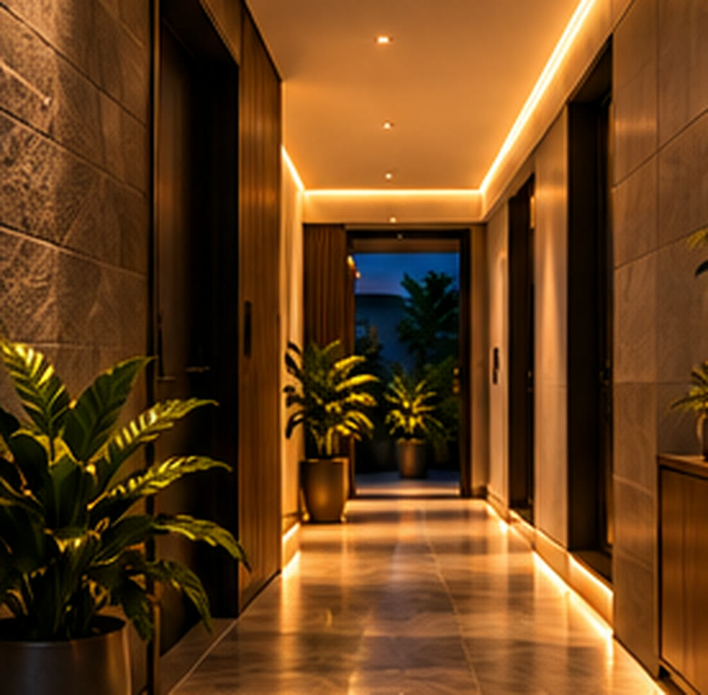 Corridor with warm cove lighting along the ceiling