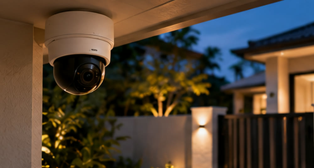 Ceiling camera on a porch at dusk