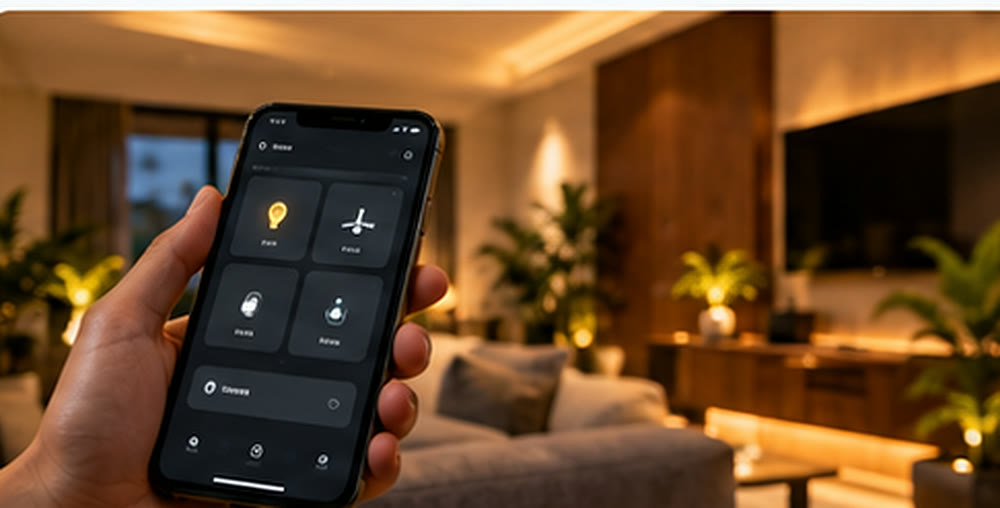 Hand holding a phone with the home control app