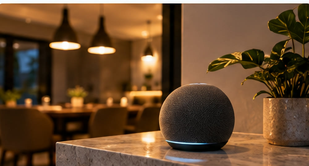 Smart speaker on a stone counter in the evening